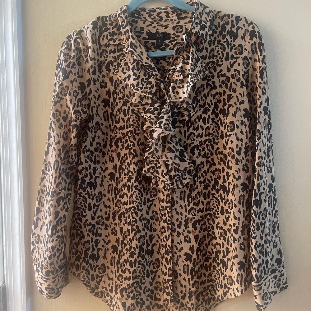 J Crew silk animal print blouse, ruffle front, button down, size 2